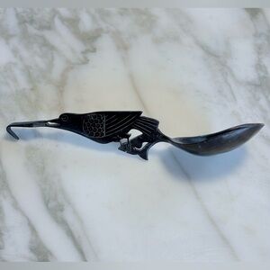 Rare vintage dark horn carved bird serving spoon